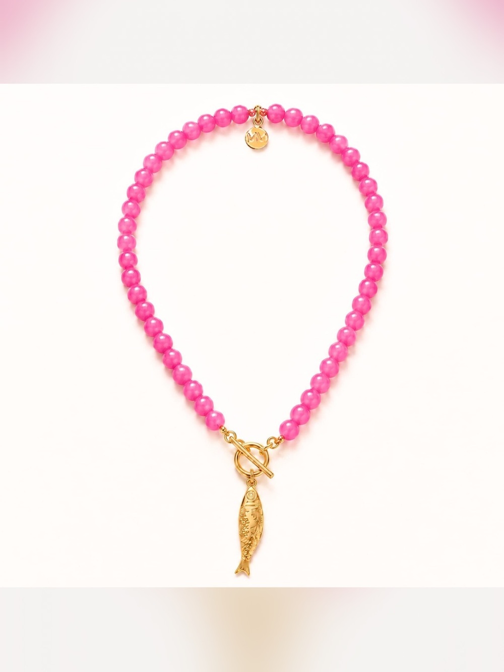 Gold Fish Pendant Pink Beaded Necklace